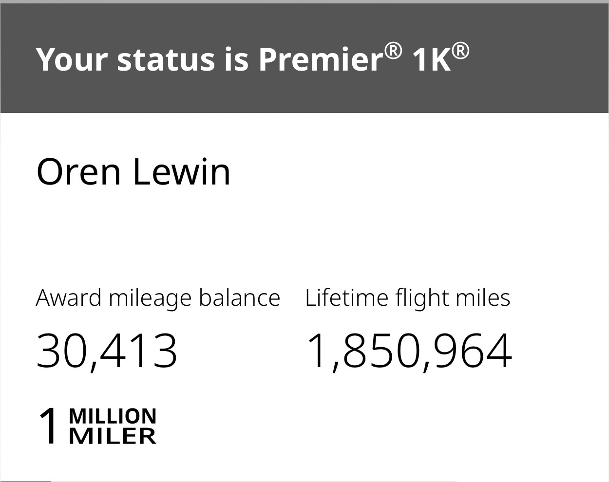 United MileagePlus screenshot: Oren's Premier 1K status and 1,850,964 lifetime miles (account details cropped)